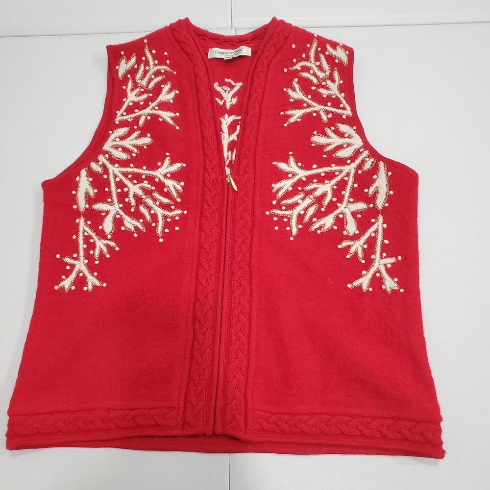 Coldwater Creek Vest Womens Medium Red Wool Zip Front Embroidered Snowflakes